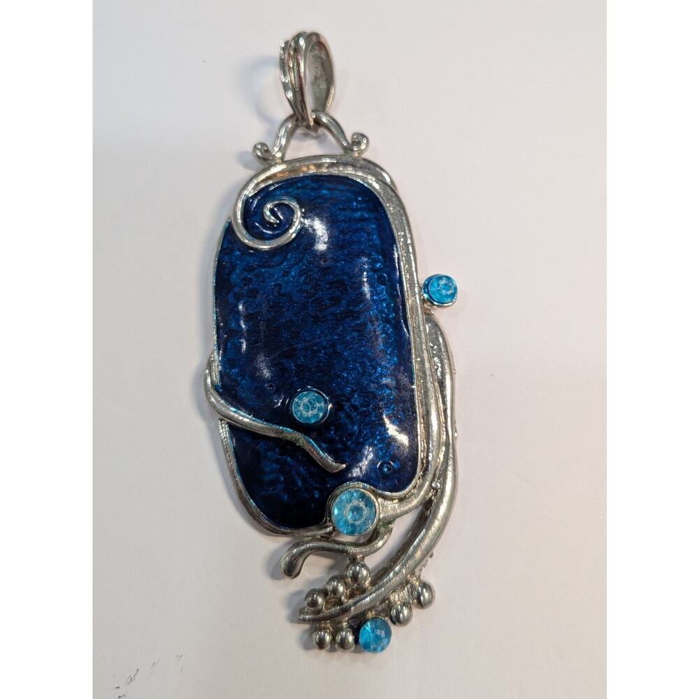 Vintage Whimsigoth Blue Enamel Pendant Artisan Brutalist Modernist Rhinestone